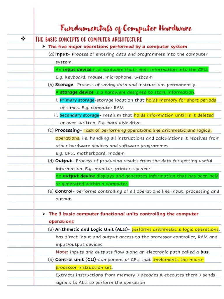 Fundamentals of Computer Hardware Notes PDF Computer Data Storage