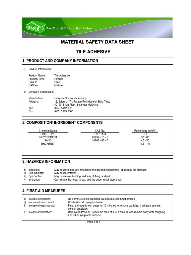 Tile Adhesive (MSDS) PDF