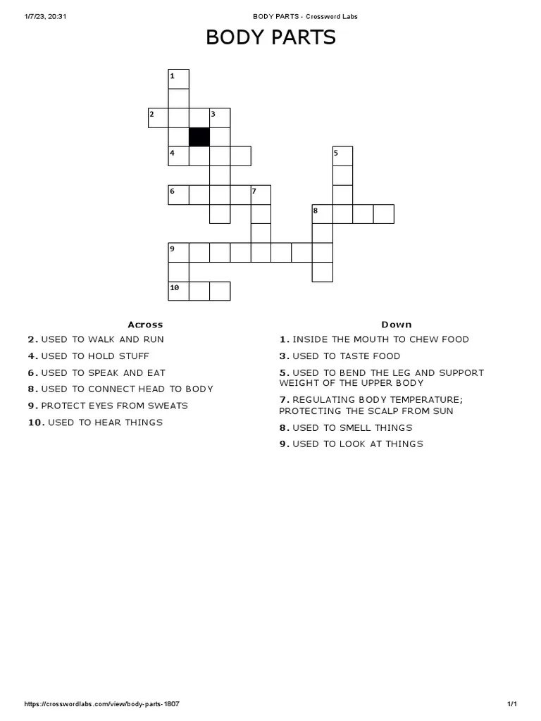 BODY PARTS Crossword Labs PDF