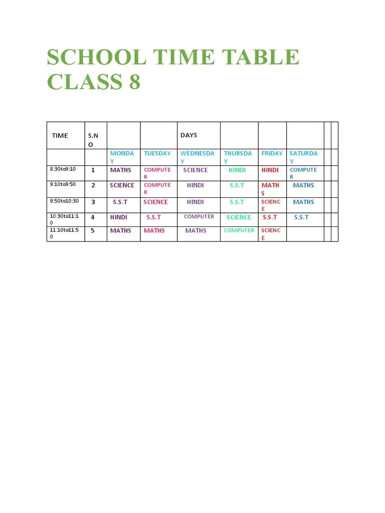 School Time Table Class 8 PDF