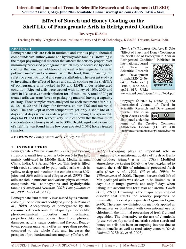 Effect of Starch and Honey Coating On The Shelf Life of Pomegranate