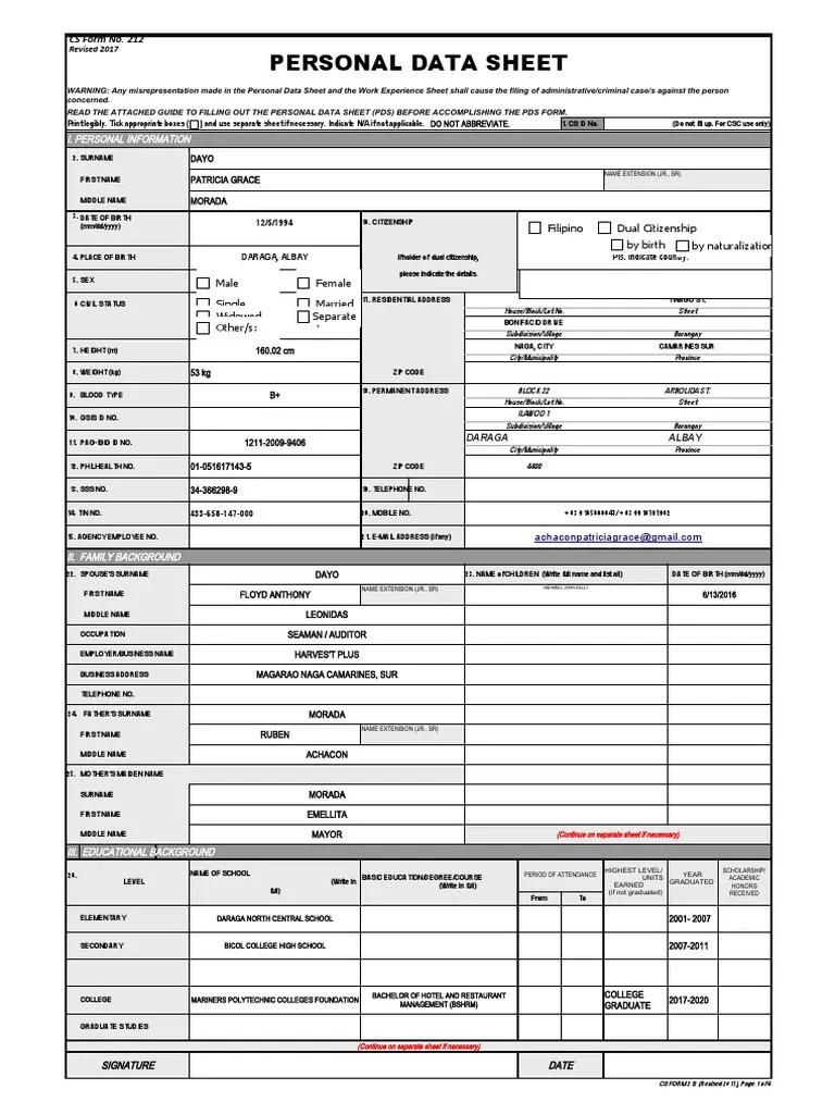 CS Form No. 212 Personal Data Sheet Revised (2022) PDF