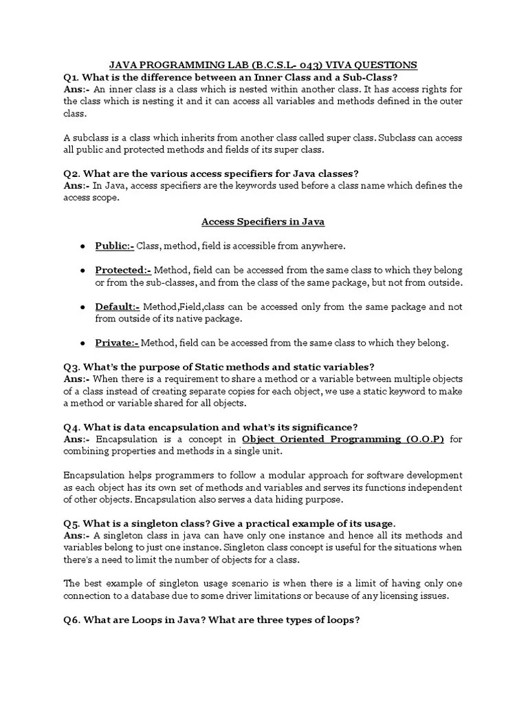 Java Programming Lab Viva Questions PDF