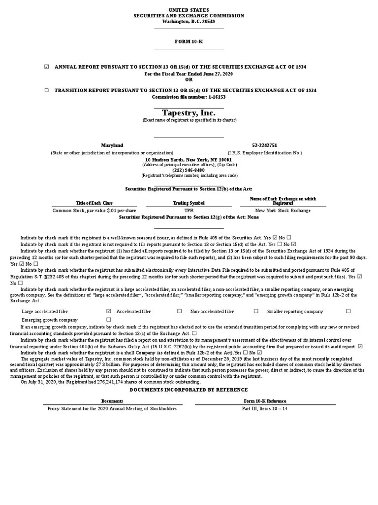 Tapestry, Inc. (Exact Name of Registrant As Specified in Its Charter) PDF Retail Brand