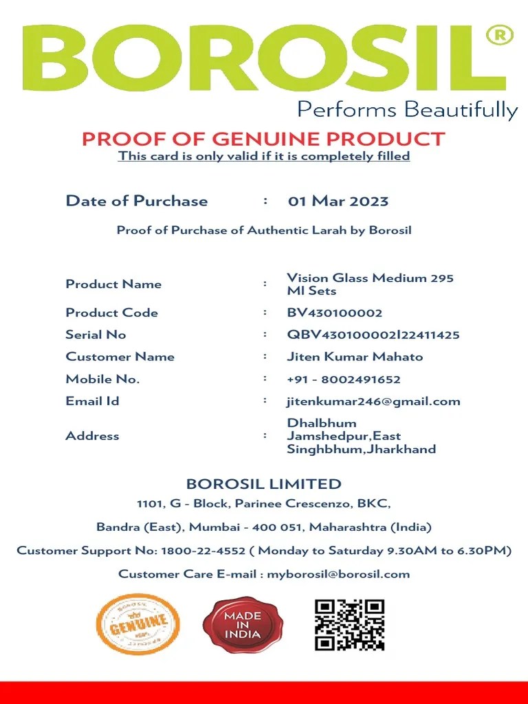 Borosil Larah Genuinity Certificate BV430100002 PDF