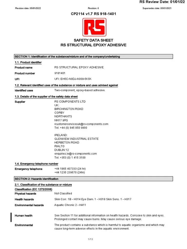 Safety Data Sheet Rs Structural Epoxy Adhesive Revision Date 05/01