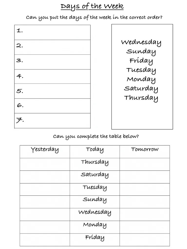 Days of The Week Worksheet PDF
