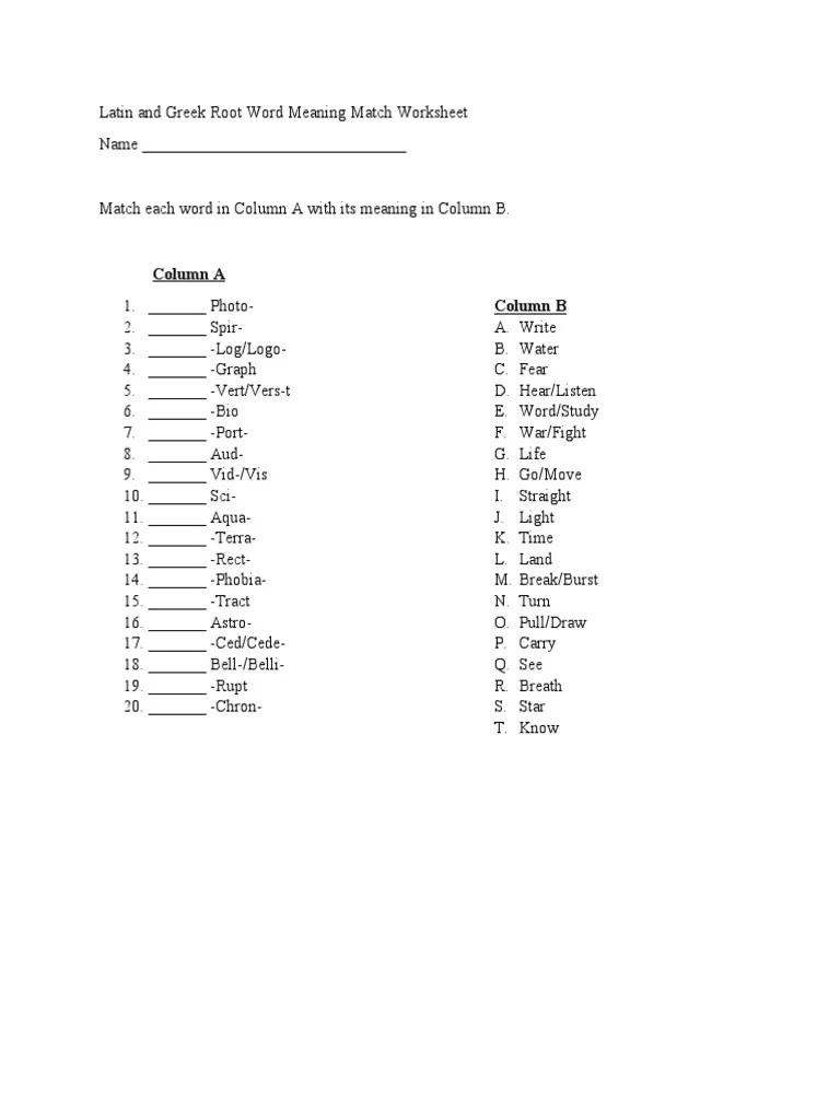 Latin and Greek Root Word Meaning Match Worksheet1 | PDF