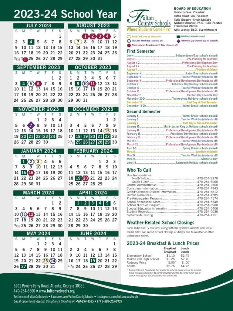 Fulton County School Calendar 202324 PDF Academic Term Meal