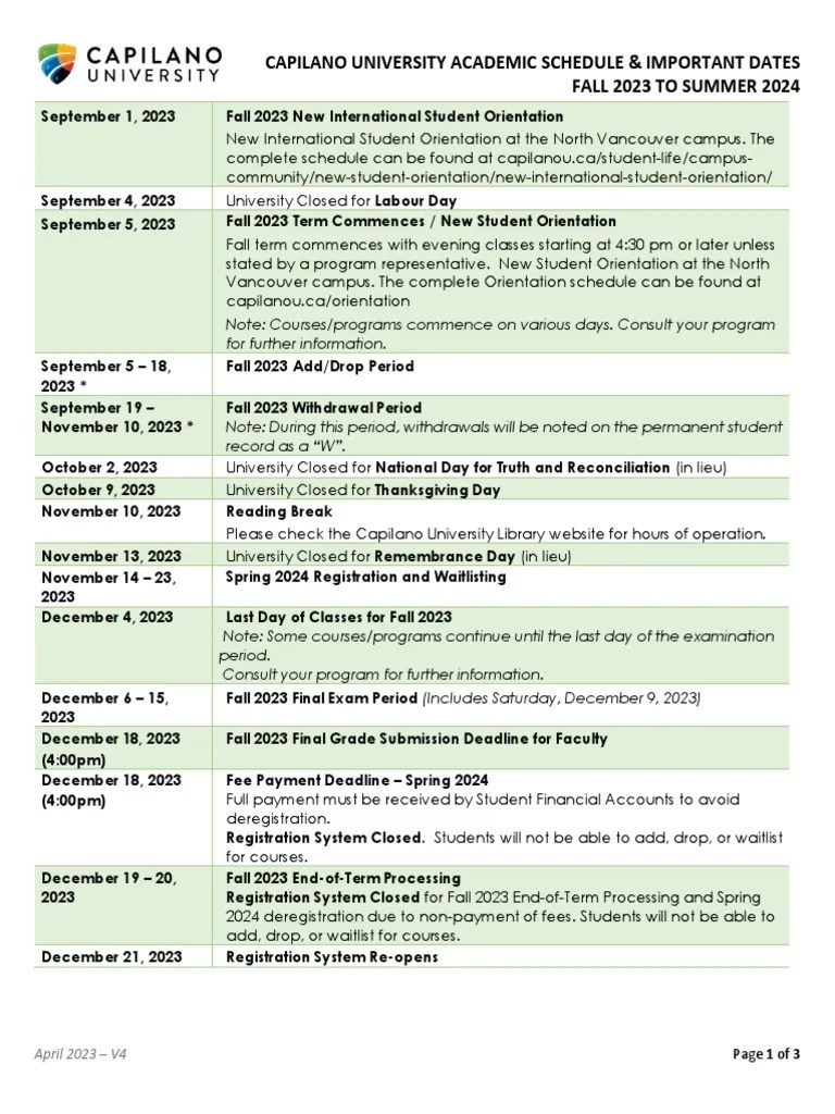 Academic Schedule and Important Dates 2023 2024 PDF