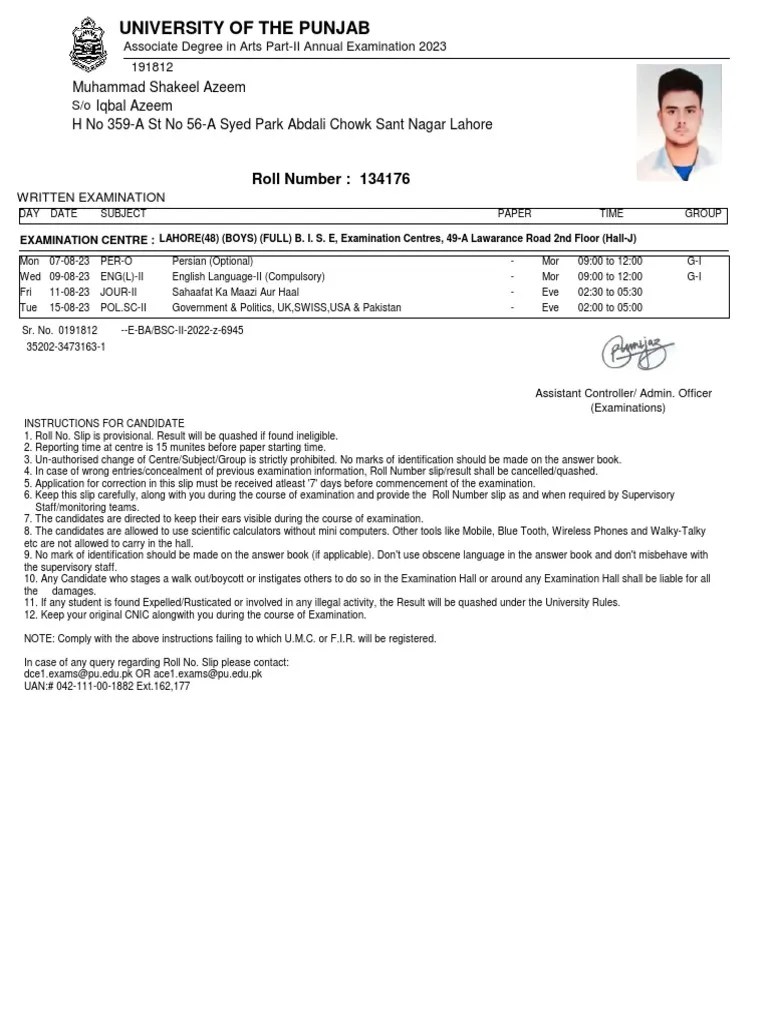 Roll Number Muhammad Shakeel Azeem Iqbal Azeem H No 359A ST No 56A