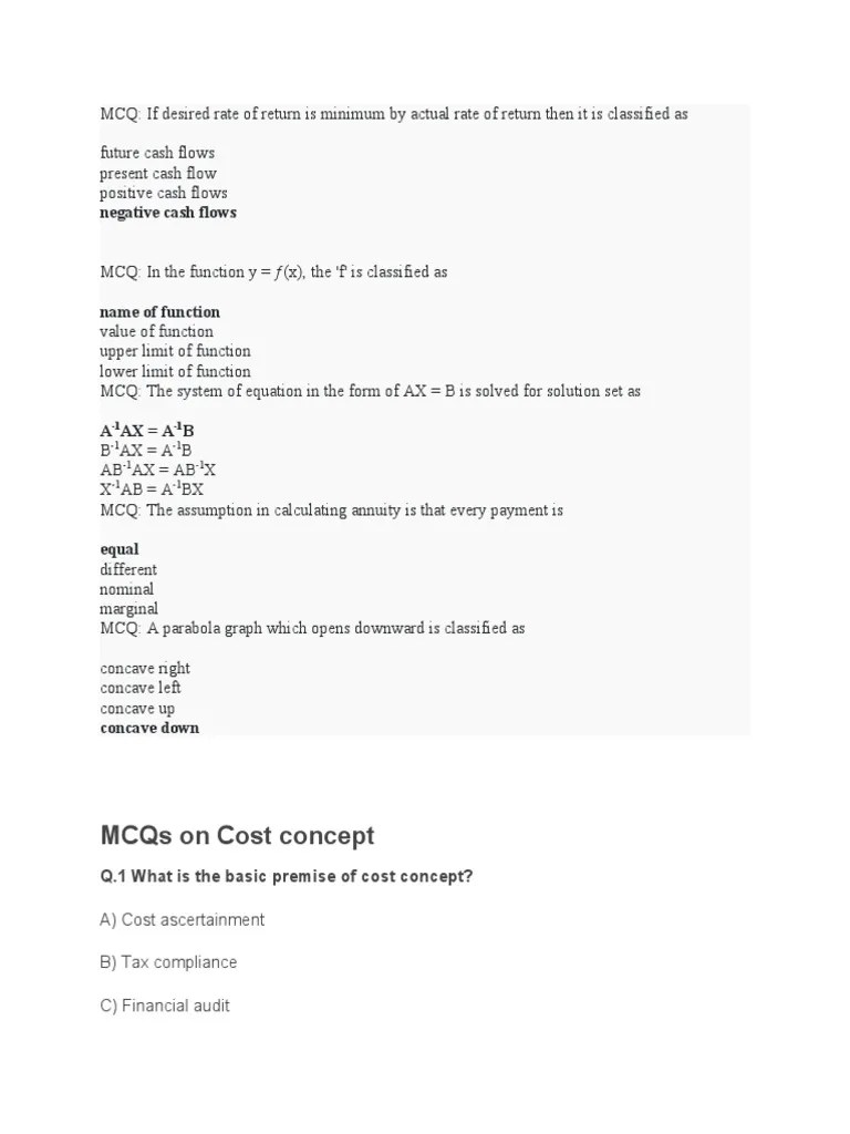 MCQ Cost Benefit Analysis PDF