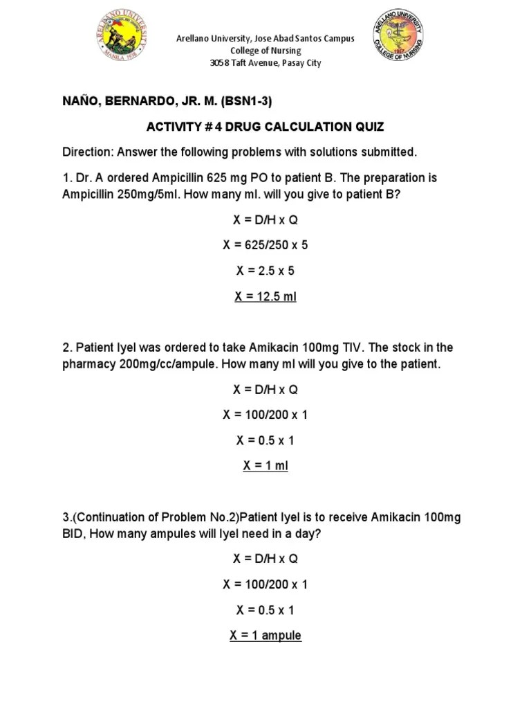 Activity 4 Drug Calculation Quiz PDF