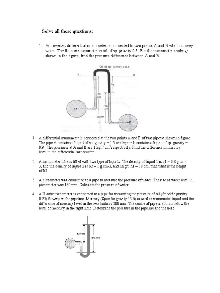 Numericals of Manometers PDF