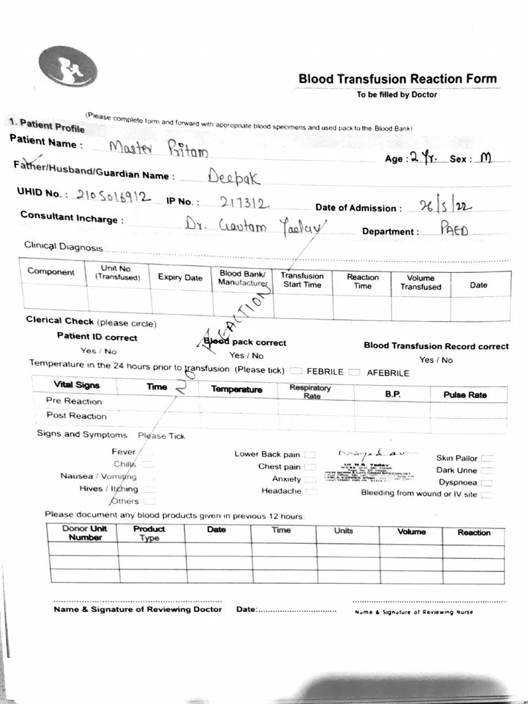 03 BT No Reaction Form KNH PDF Blood Transfusion Fever