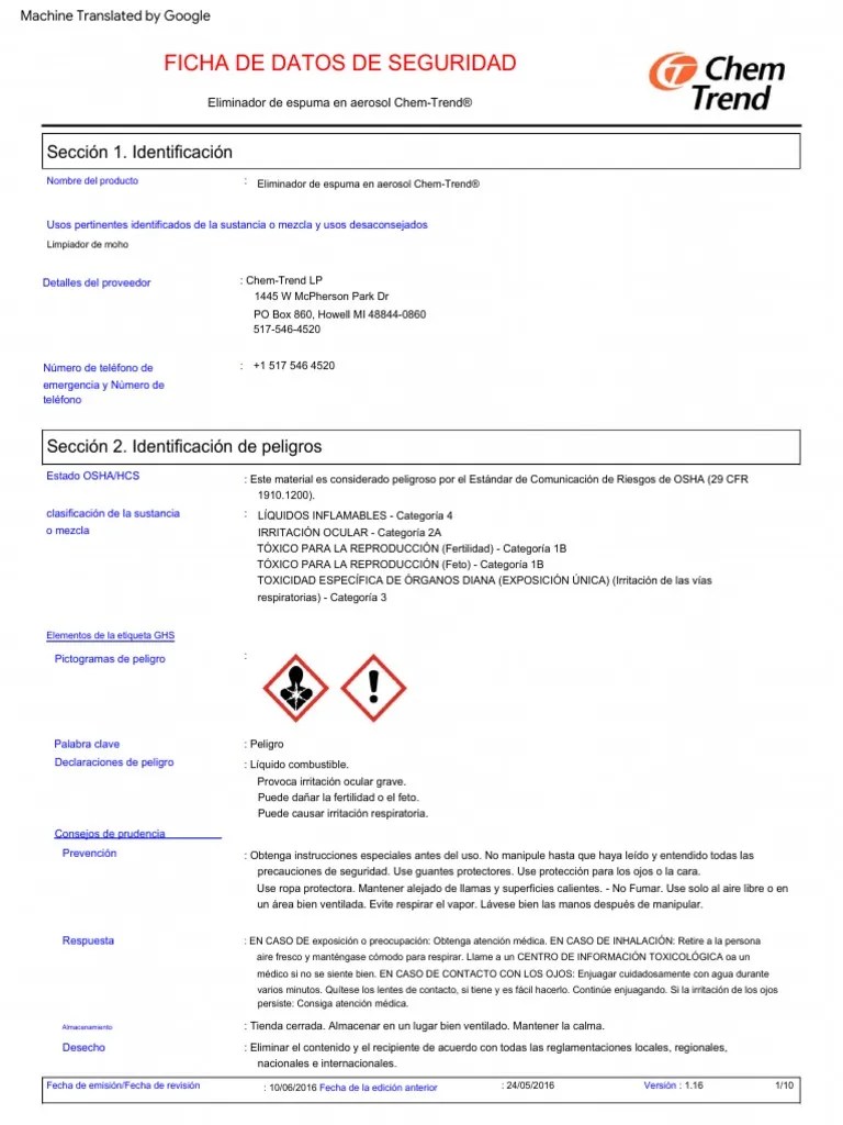 Chem Trend Sprayfoam Remover Msds | PDF | Residuos | Ventilación