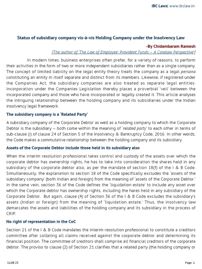 Status of Subsidiary Company Vis Vis Holding Company Under The