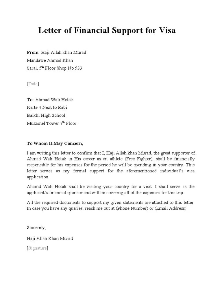 Letter of Financial Support For Visa PDF