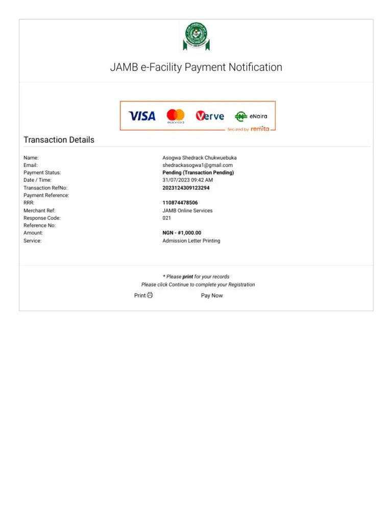 Efacility Jamb.gov NG Remitta RedirectURL Status Payment+Reference