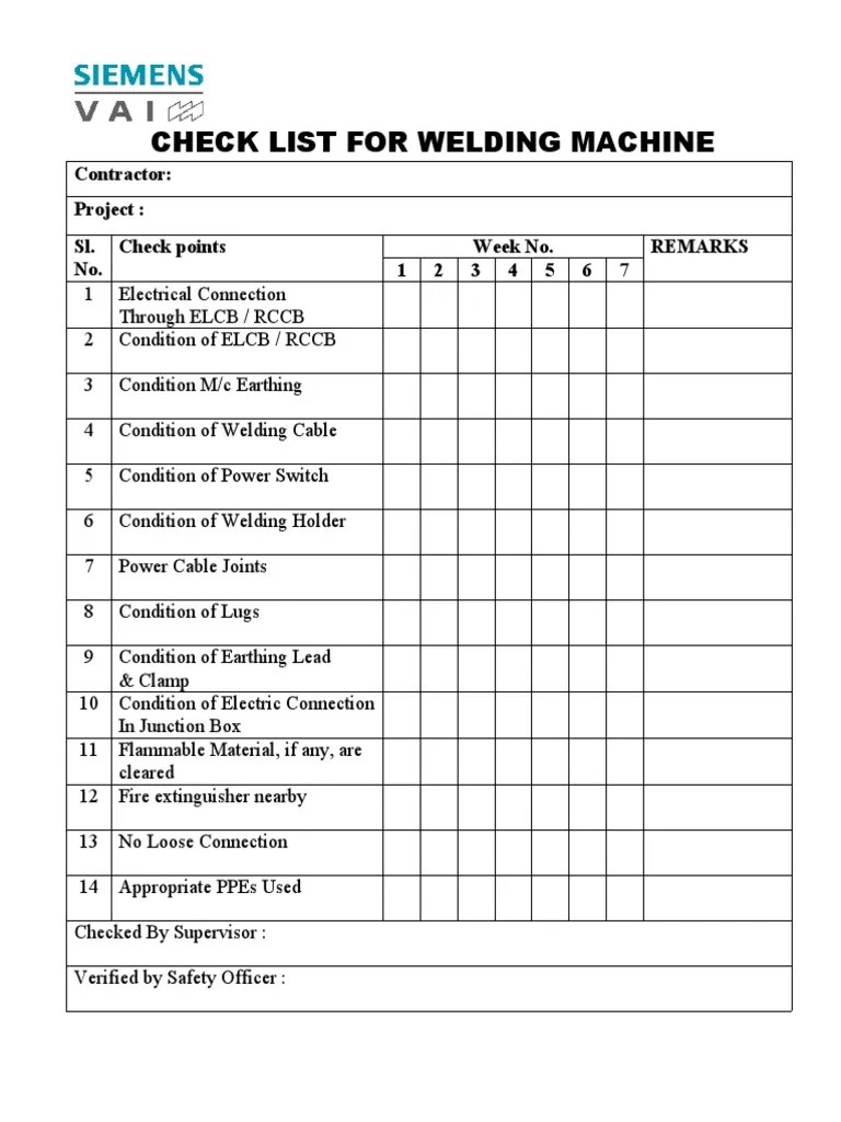 Check List For Welding Machine PDF
