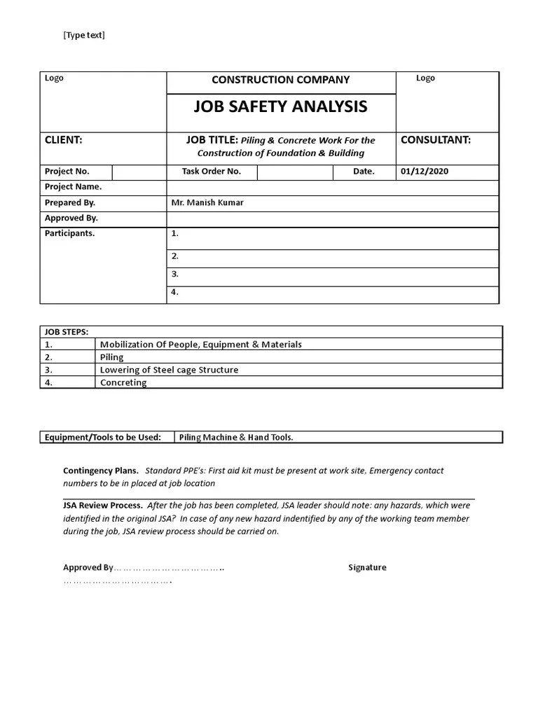 JSA For Piling Activity Download Free PDF Safety Occupational