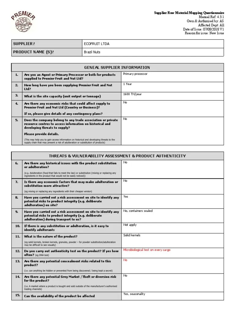 4.3.1 Supplier Raw Material Mapping Questionnaire PFN V1 Ecofruit