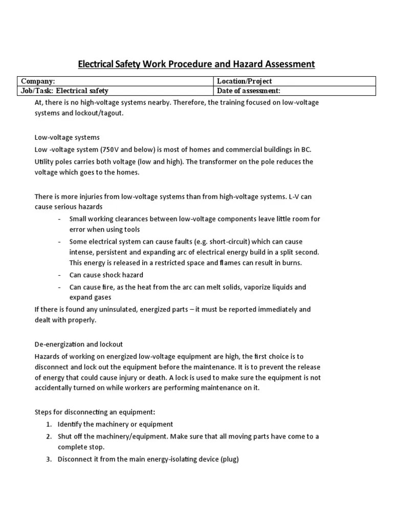 Electrical Safety Work Procedure and Hazard Assessment PDF
