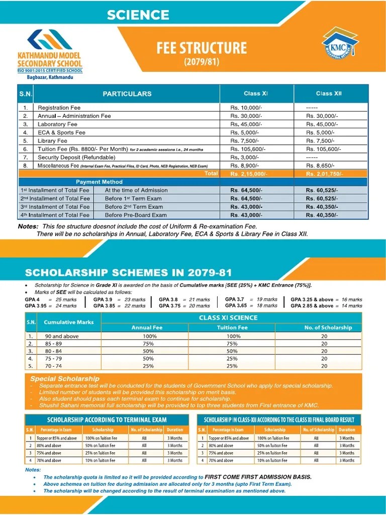 KMC Fee Structure Science PDF