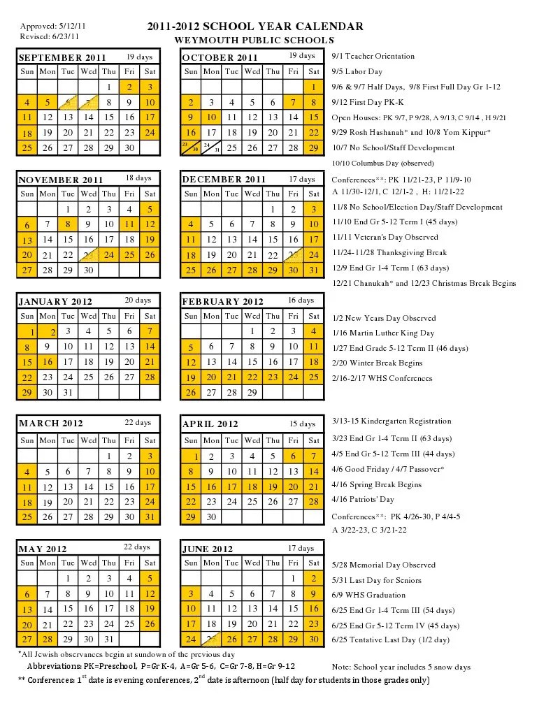 Weymouth Public Schools Calendar 201112 PDF