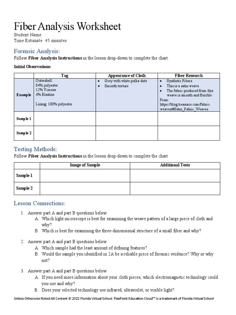 Fiber Evidence Worksheet PDF