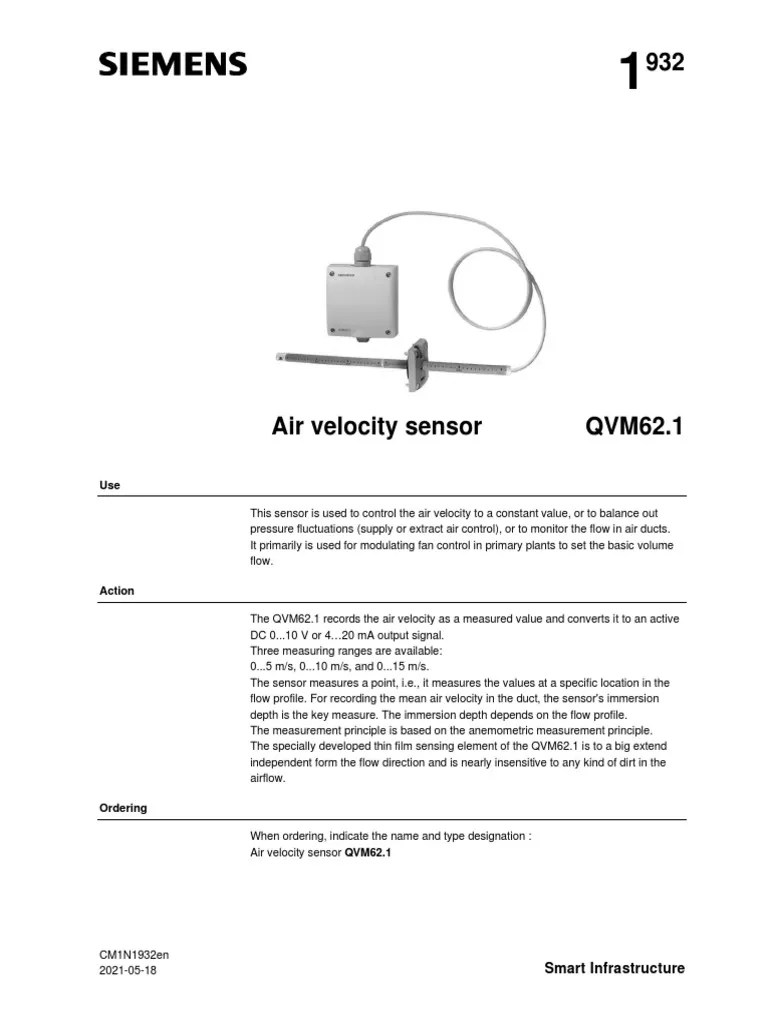 Siemens Air Velocity Sensor QVM62.1 PDF Sensor Manufactured Goods