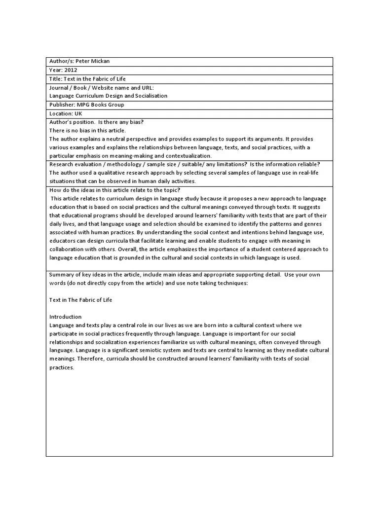 Article Review Text in The Fabric of Life PDF