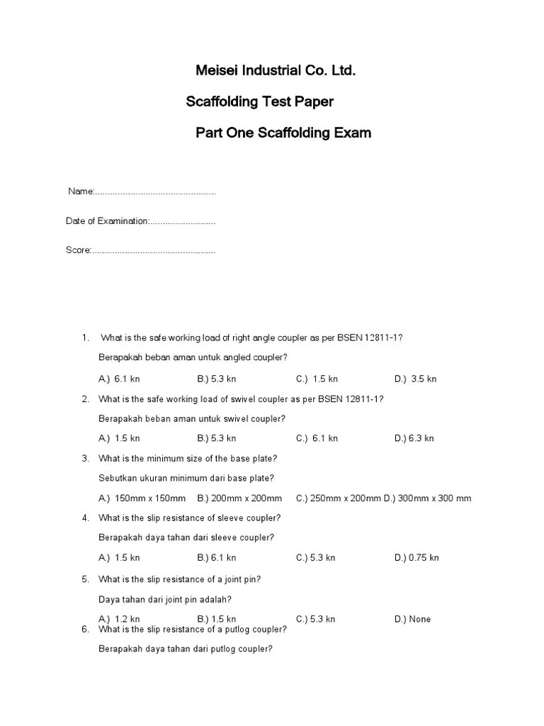 Scaffolders Exam PDF Scaffolding Mechanical Engineering