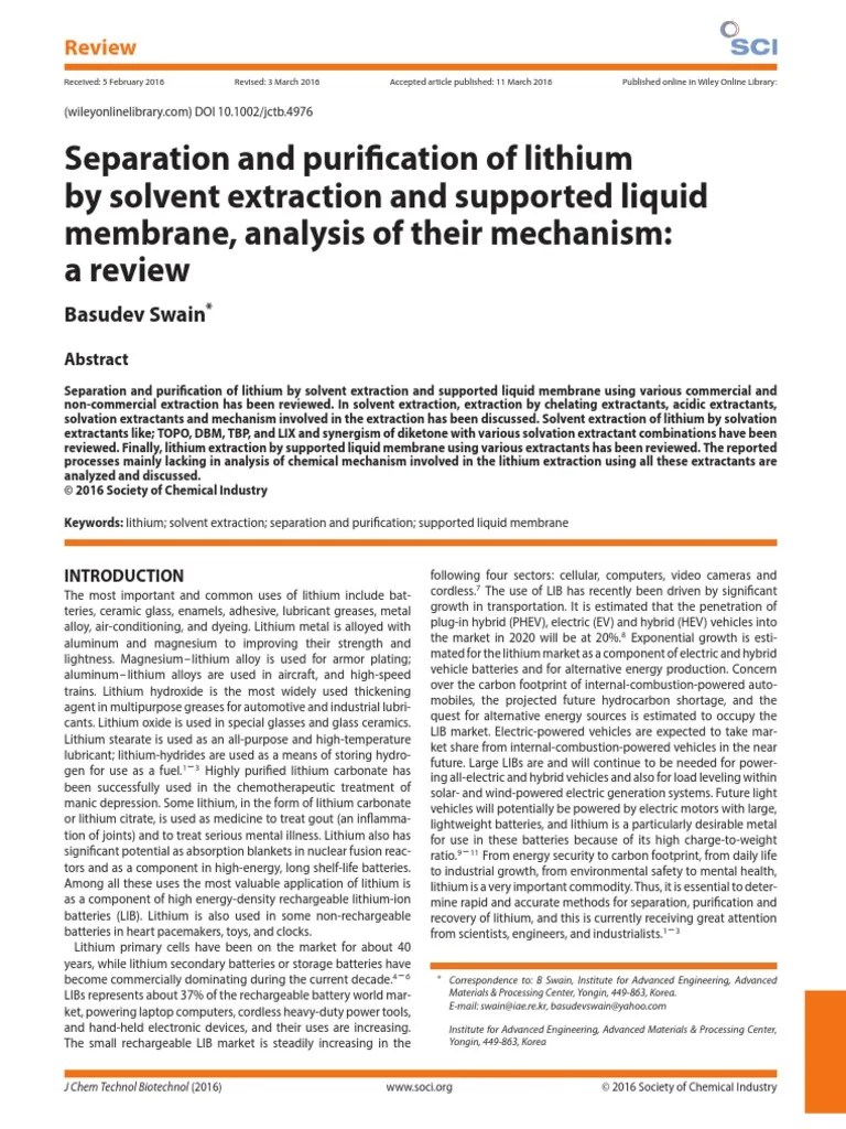 Separation and purification of lithium by solvent extraction and