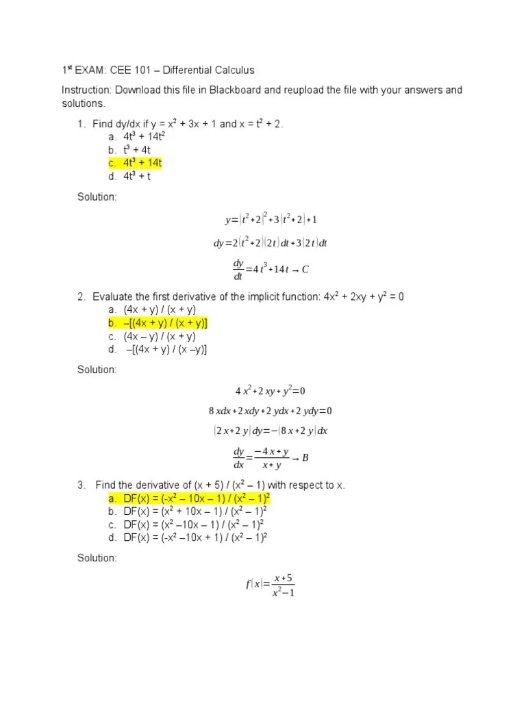 1st EXAM Differential Calculus PDF