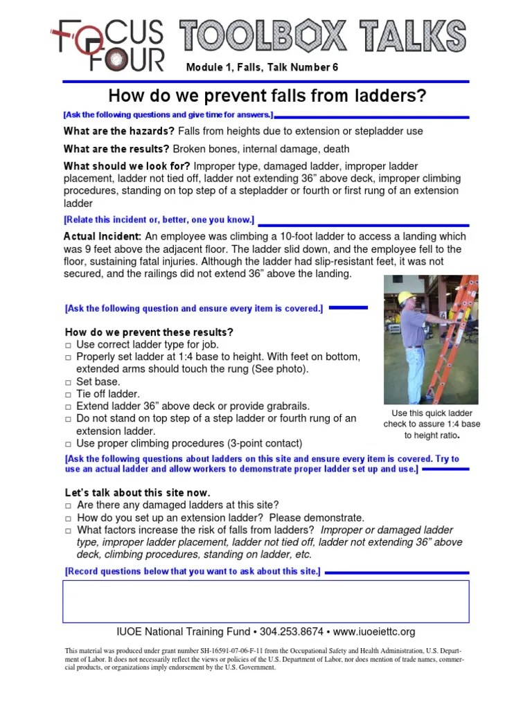 Focus Four Toolbox Talks Module 1 Ladders PDF