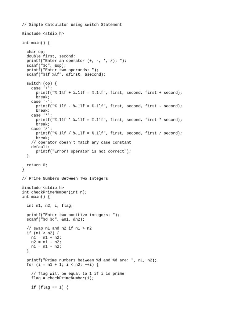 C Style Simple Calculator Basic Arithmetic, Prime and Armstrong Numbers PDF Mathematics