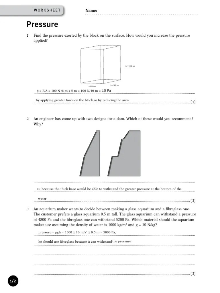 Pressure Worksheet (With Answers) PDF