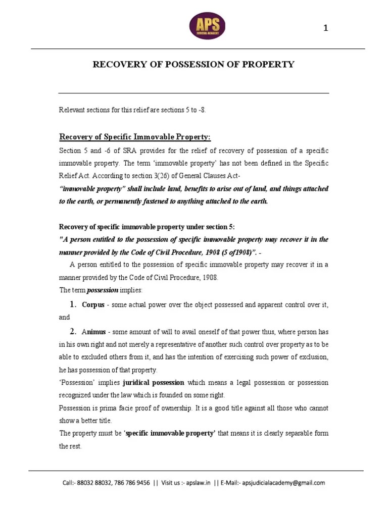 Suit For Recovery of Possession PDF Property Possession (Law)