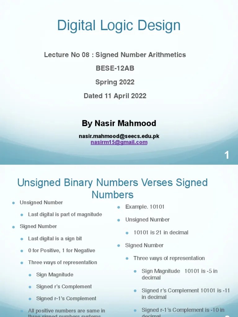 08 DLD Lec 08 Signed Number Arithmatics Dated 11 Apr 2022 Lecture Slides PDF