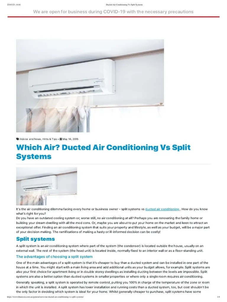 Ducted Air Conditioning Vs Split Systems PDF Air Conditioning Manufactured Goods