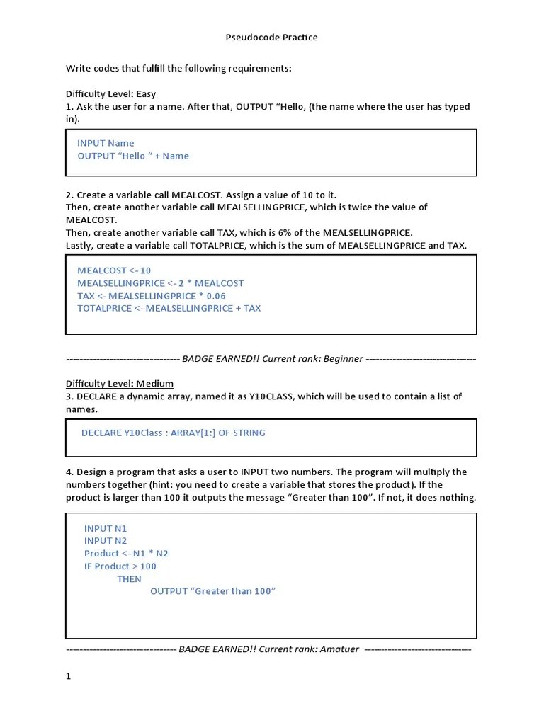 Pseudocode Worksheet 1 Answer PDF