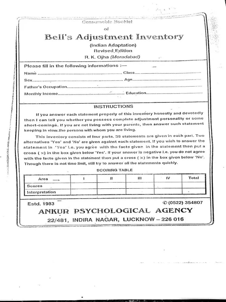 Bells Adjustment Scale Questionnaire PDF