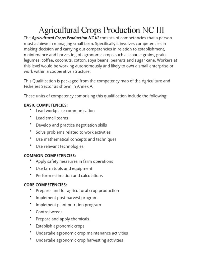 Agricultural Crops Production NC III CORE COMPETENCIES PDF