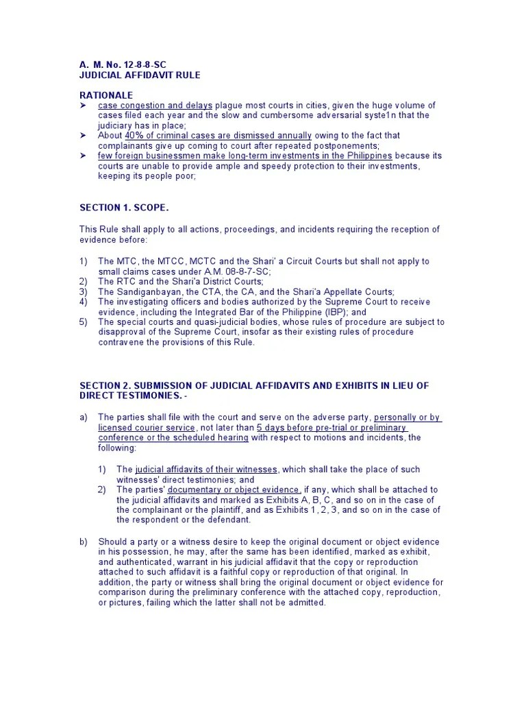 Judicial Affidavit Rule Summary PDF Affidavit Witness