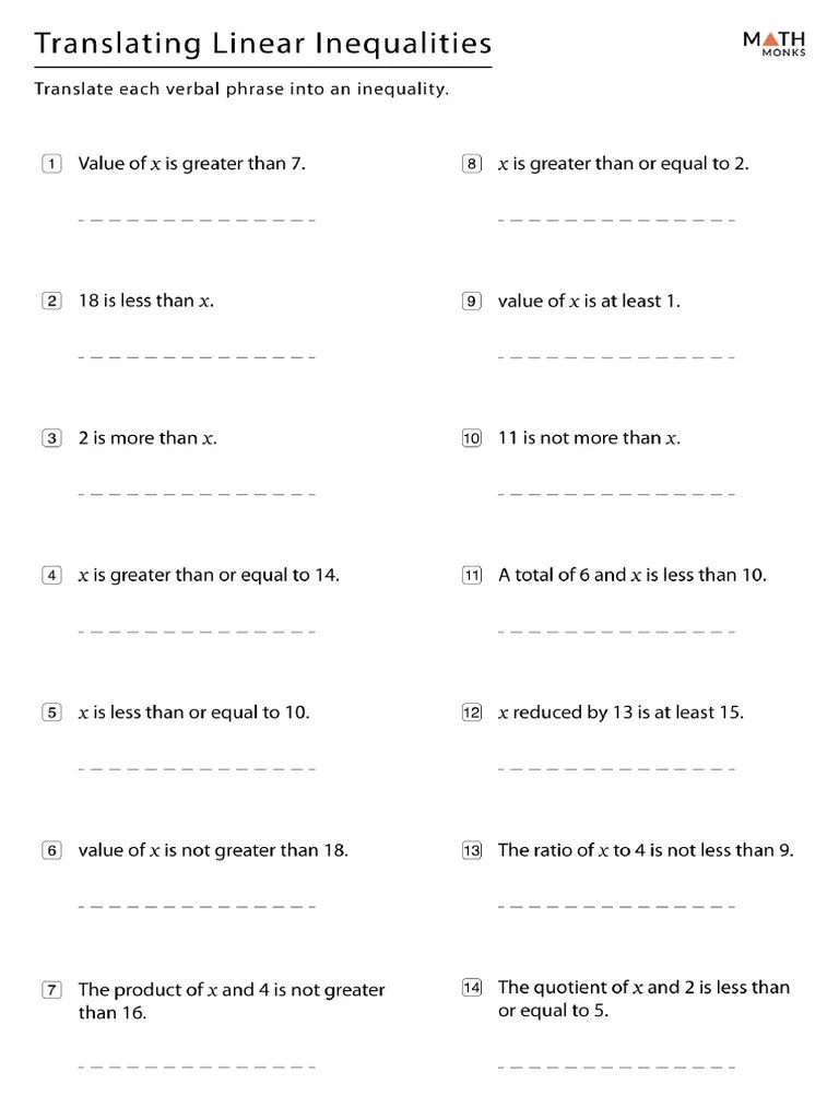 Translating Linear Inequalities Worksheet | PDF