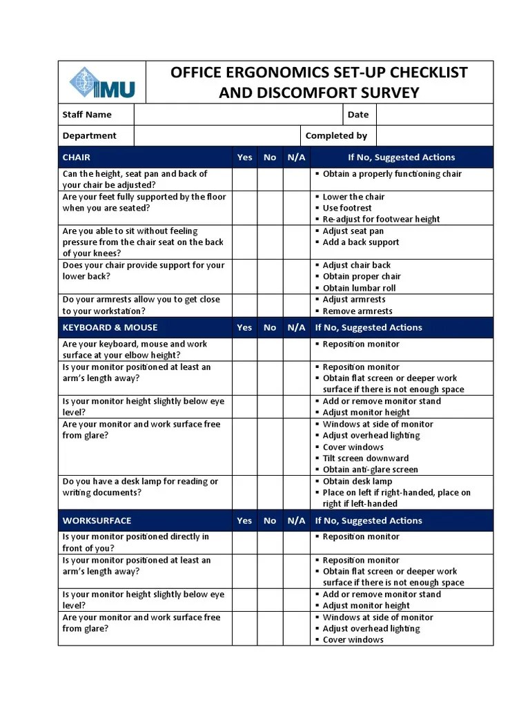 Office Ergonomics Checklist PDF Chair Computer Monitor