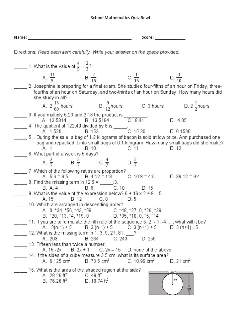 mATH QUIZ BOWL PDF Mathematics