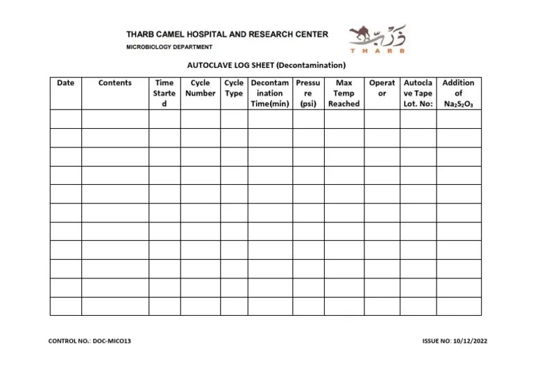 Autoclave Log Sheet (Decontamination) PDF