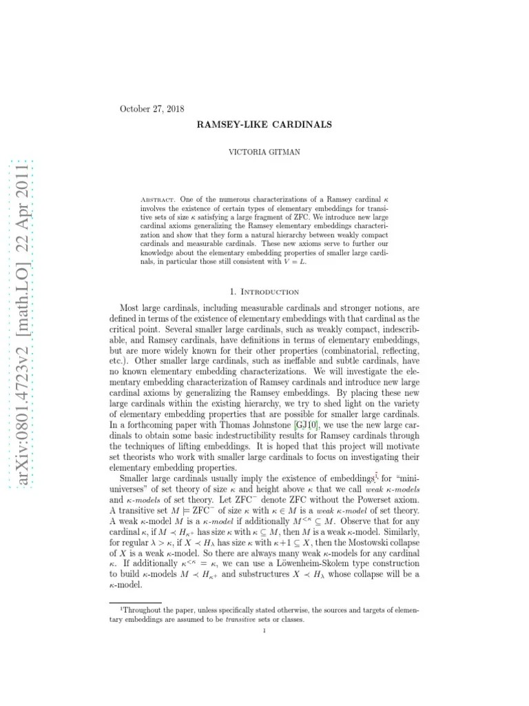 RamseyLike Cardinals I Victoria Gitman PDF Infinity Mathematical